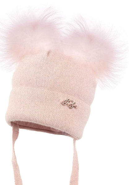 Baby Girls Pink Wool Hat with Double Fur Poms