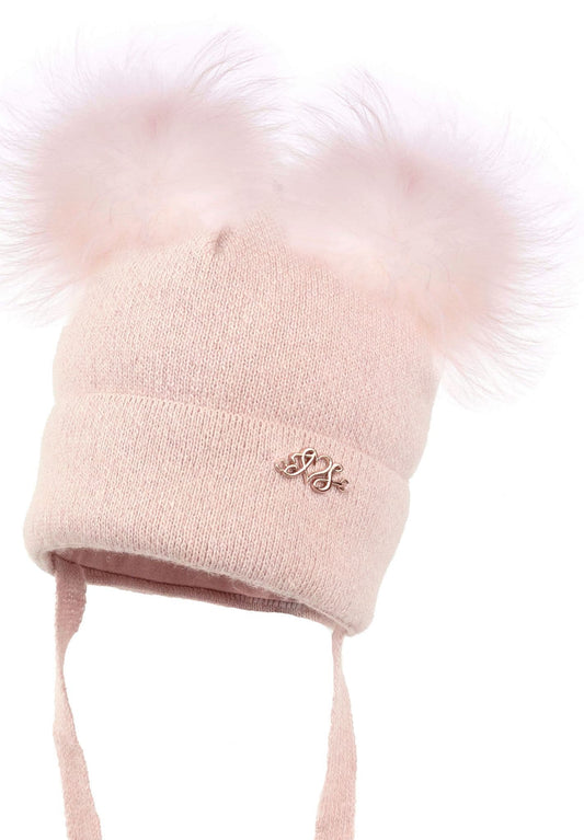 Baby Girls Pink Wool Hat with Double Fur Poms