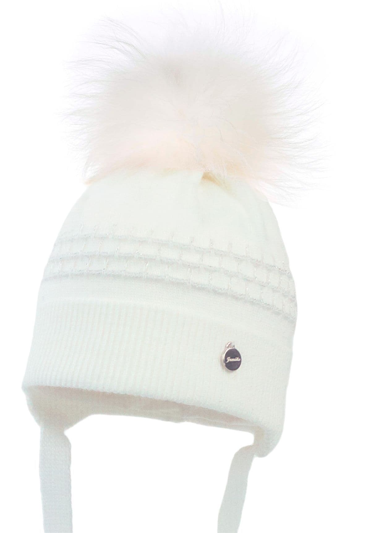 Baby Girls White Knitted Hat with Fur Pom