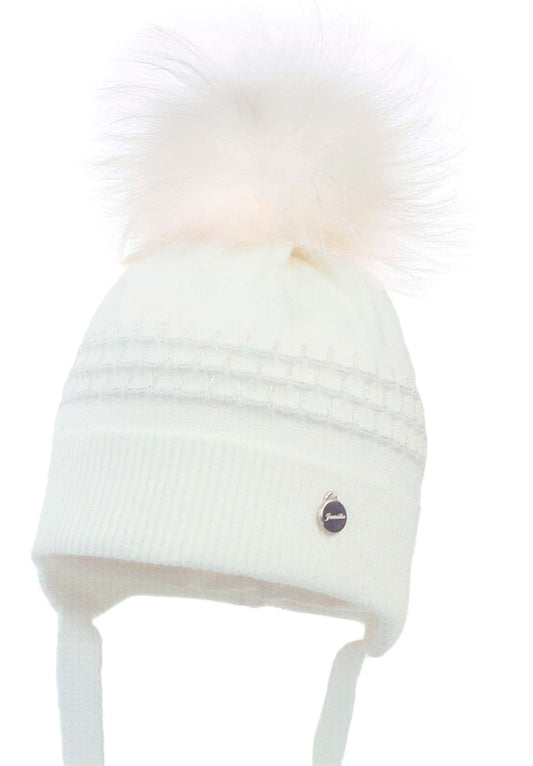 Baby Girls White Knitted Hat with Fur Pom