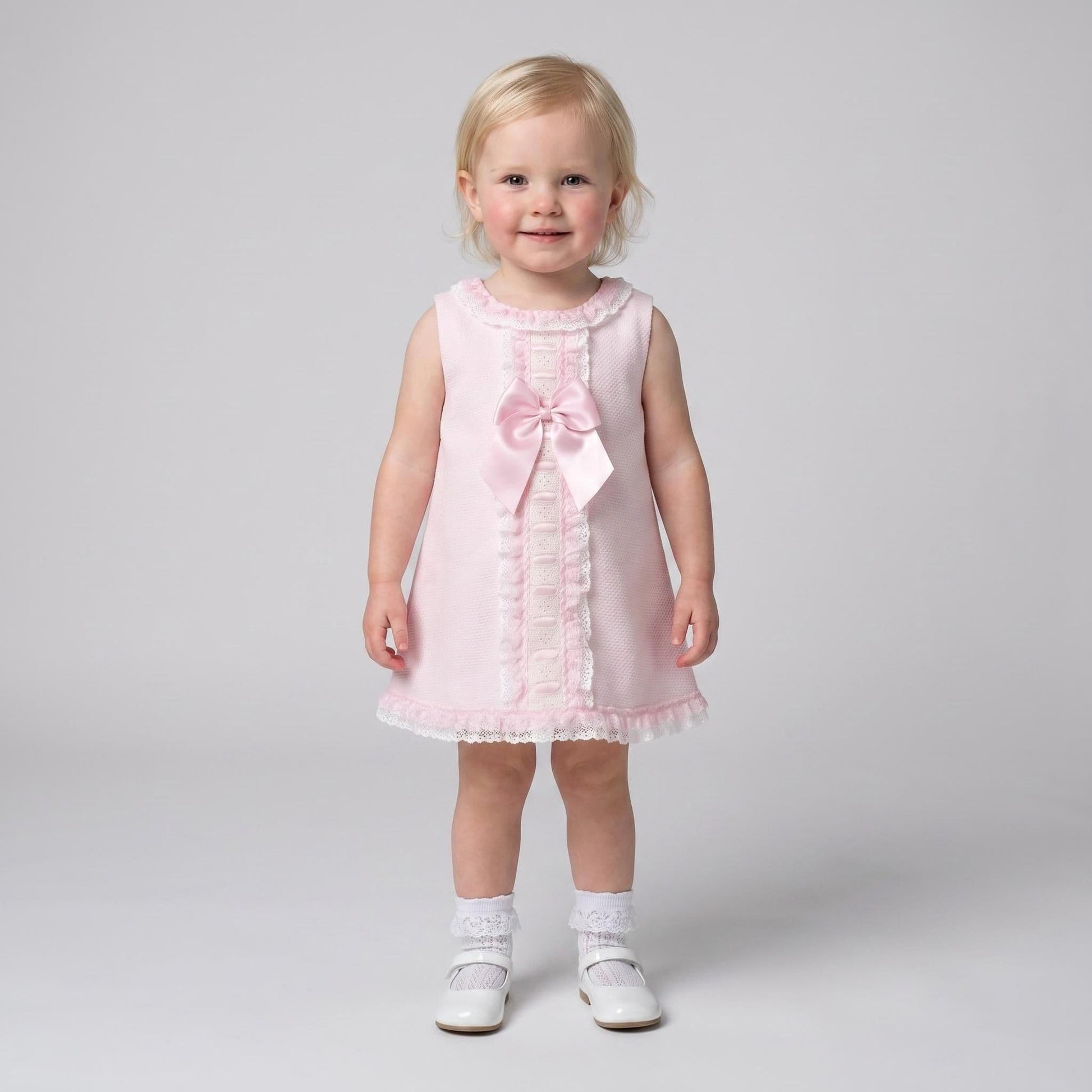 Pink Spanish Style Baby Girl Dress with Lace Trim & Ribbon Bow "2612"