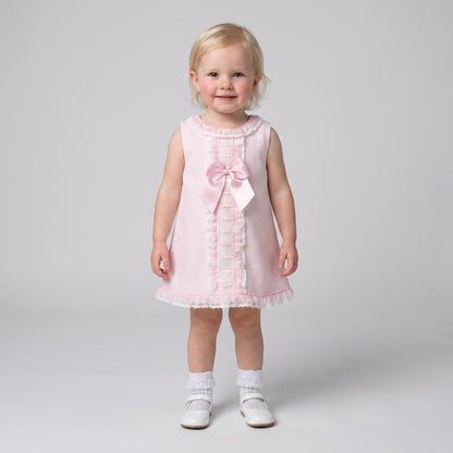 Pink Spanish Style Baby Girl Dress with Lace Trim & Ribbon Bow "2612"