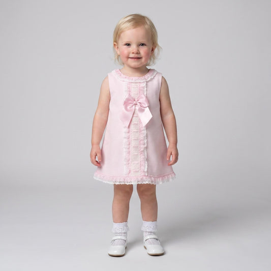 Pink Spanish Style Baby Girl Dress with Lace Trim & Ribbon Bow "2612"
