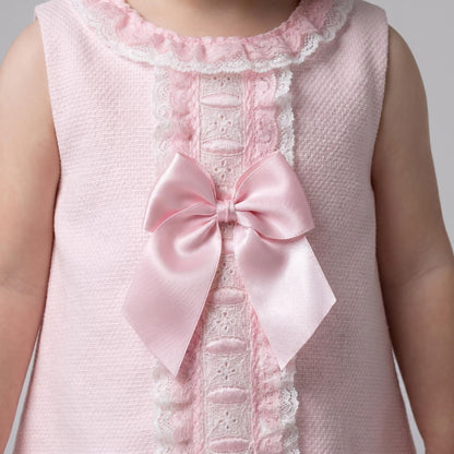 Pink Spanish Style Baby Girl Dress with Lace Trim & Ribbon Bow "2612"