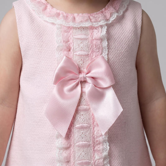 Pink Spanish Style Baby Girl Dress with Lace Trim & Ribbon Bow "2612"