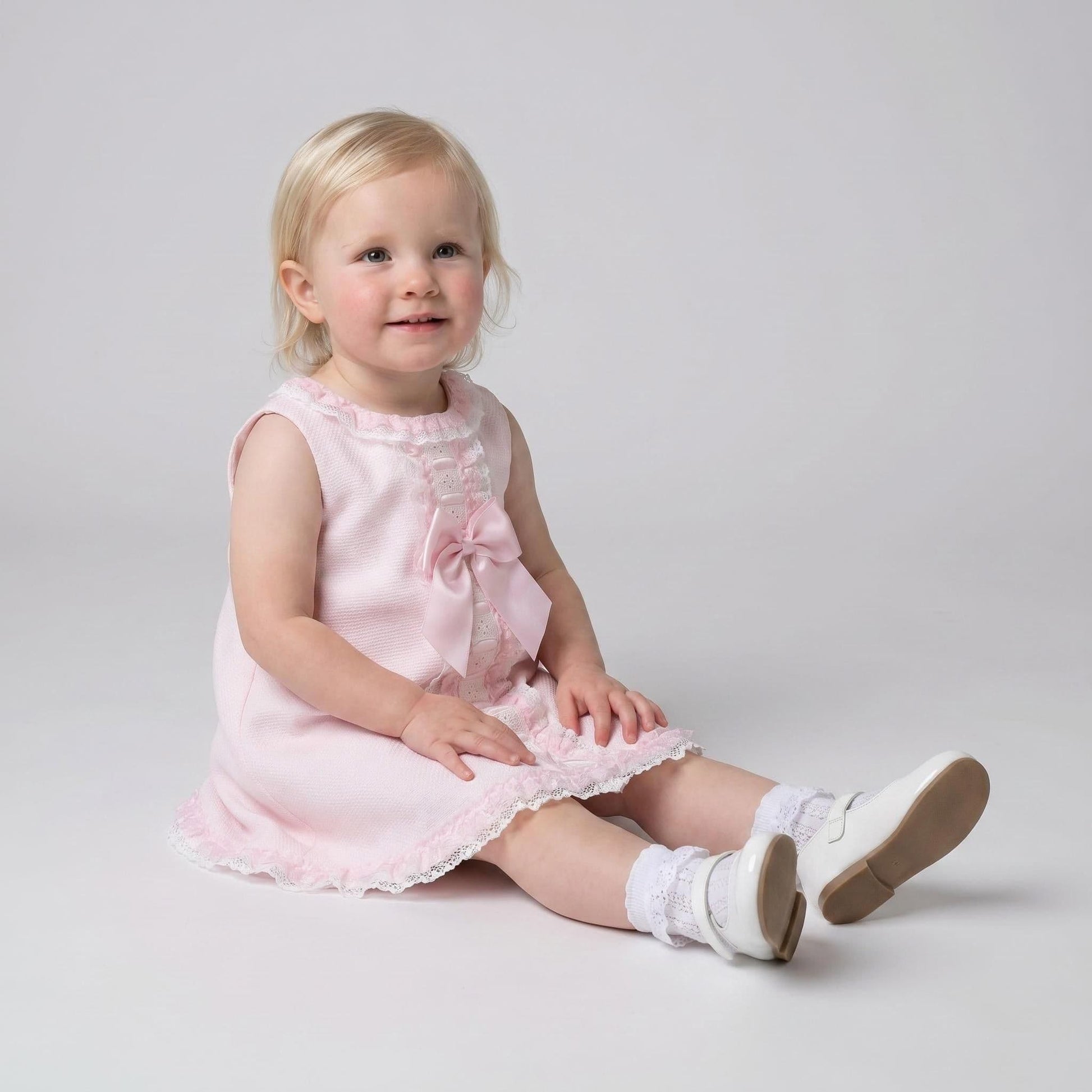 Pink Spanish Style Baby Girl Dress with Lace Trim & Ribbon Bow "2612"