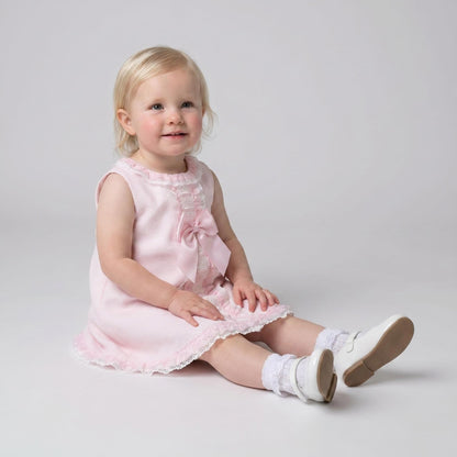 Pink Spanish Style Baby Girl Dress with Lace Trim & Ribbon Bow "2612"