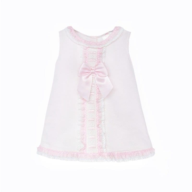 Pink Spanish Style Baby Girl Dress with Lace Trim & Ribbon Bow "2612"
