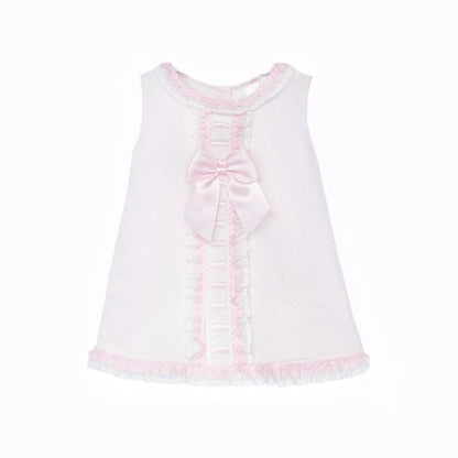 Pink Spanish Style Baby Girl Dress with Lace Trim & Ribbon Bow "2612"