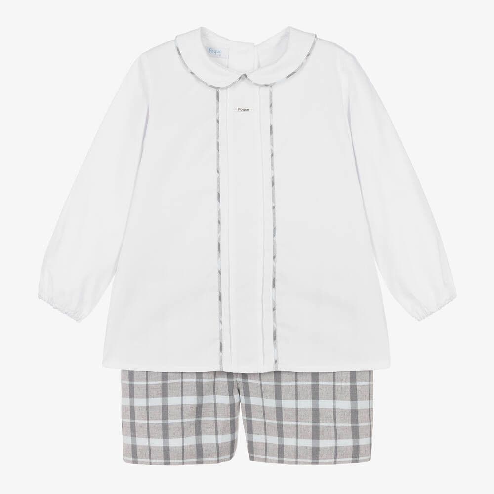 *SAL*E FOQUE Baby Boys White with Grey Checked Shorts Set "2324114"