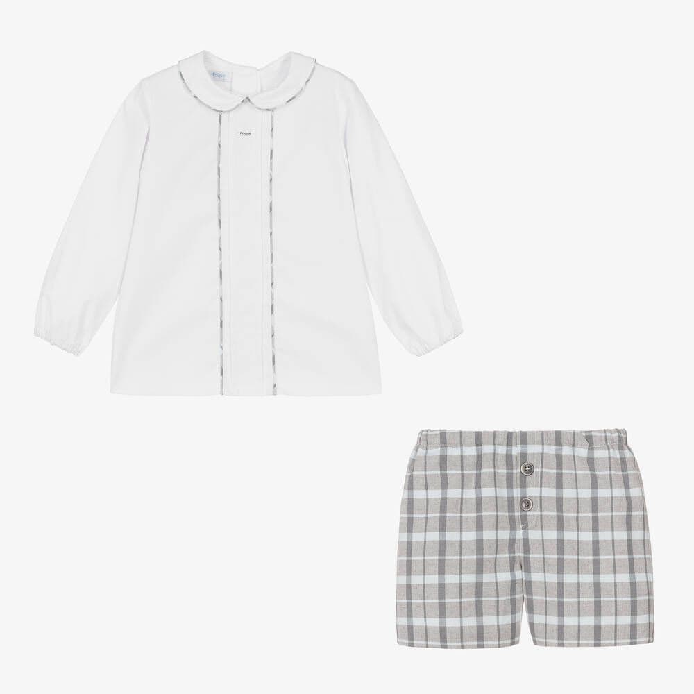 *SAL*E FOQUE Baby Boys White with Grey Checked Shorts Set "2324114"