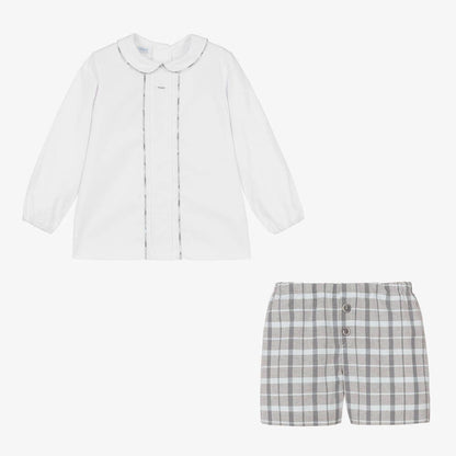 *SAL*E FOQUE Baby Boys White with Grey Checked Shorts Set "2324114"