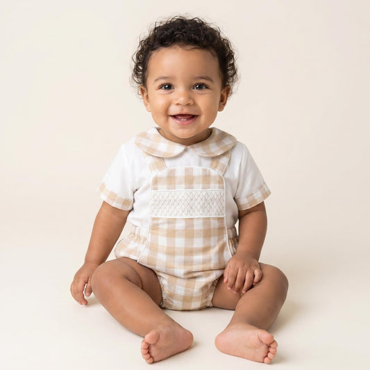 *SALE* Baby Beige Check Smocked Romper with Top "MYD2449C"