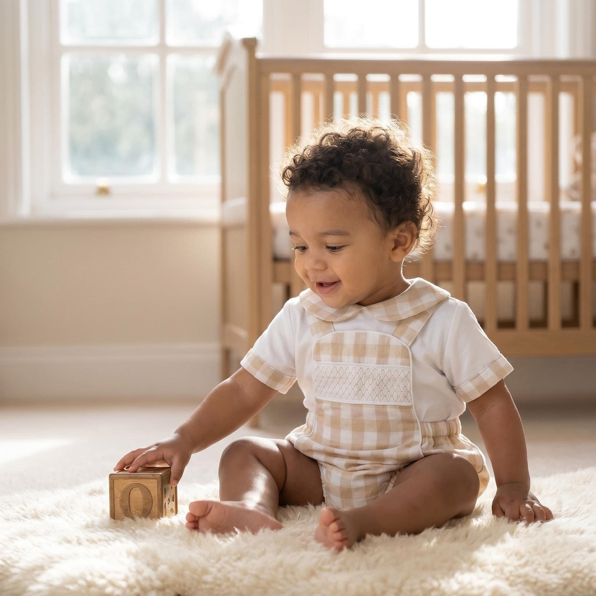 *SALE* Baby Beige Check Smocked Romper with Top "MYD2449C"