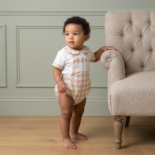*SALE* Baby Beige Check Smocked Romper with Top "MYD2449C"