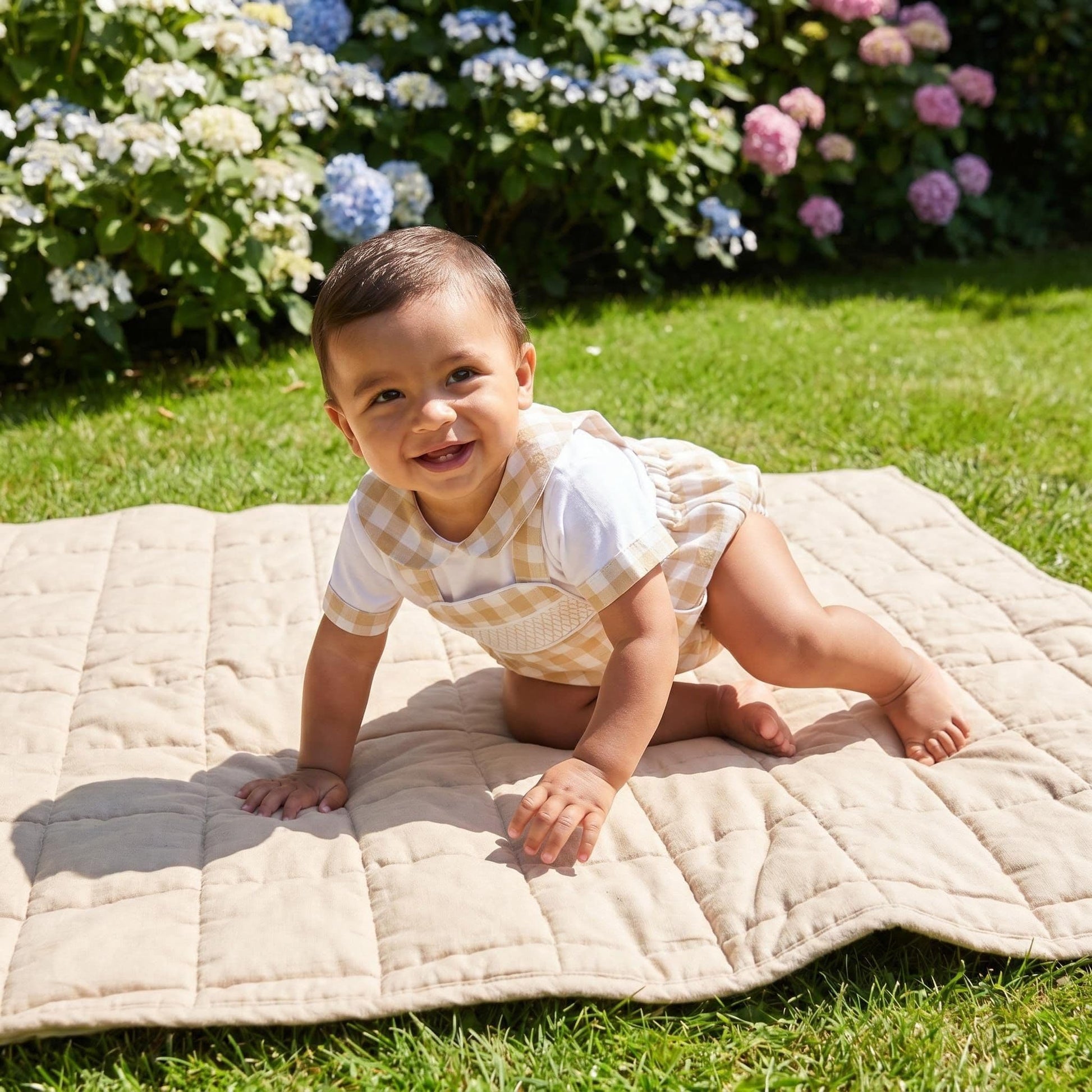 *SALE* Baby Beige Check Smocked Romper with Top "MYD2449C"
