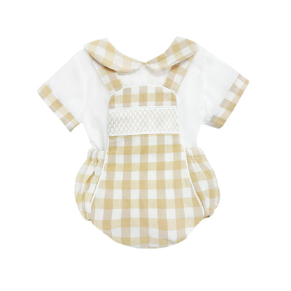 *SALE* Baby Beige Check Smocked Romper with Top "MYD2449C"