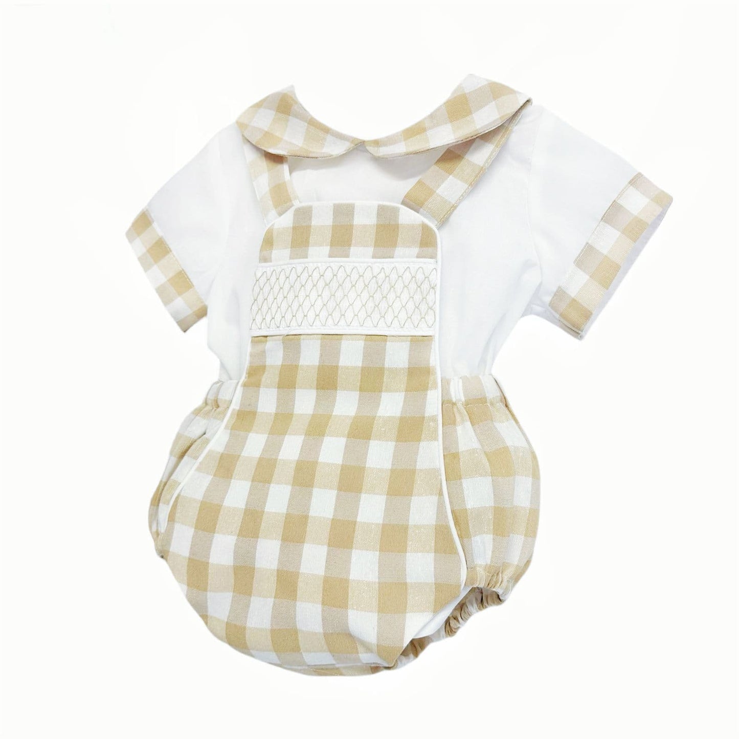 *SALE* Baby Beige Check Smocked Romper with Top "MYD2449C"