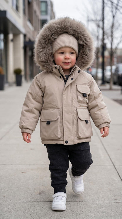 *SALE* Baby Boy Beige Bomber Jacket with Faux Fur Hood and Cargo Patch Pockets" 26013 "