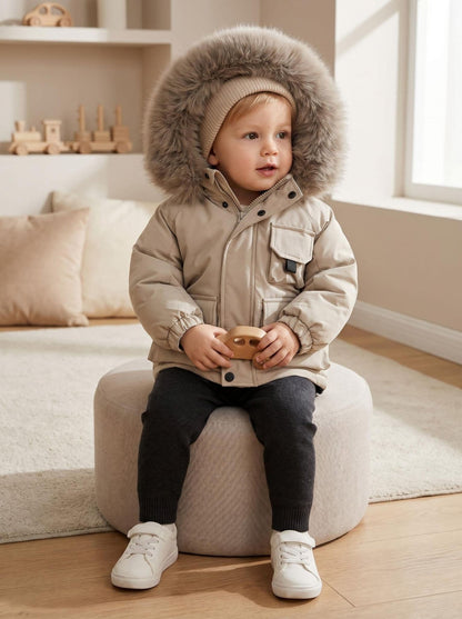 *SALE* Baby Boy Beige Bomber Jacket with Faux Fur Hood and Cargo Patch Pockets" 26013 "