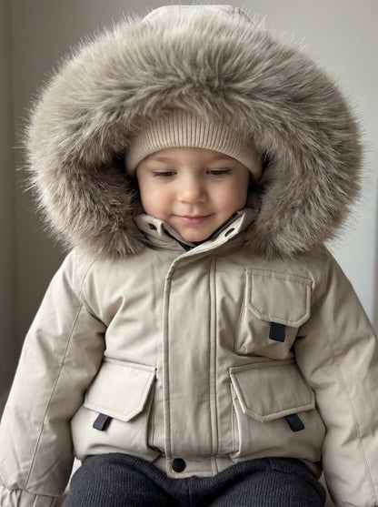 *SALE* Baby Boy Beige Bomber Jacket with Faux Fur Hood and Cargo Patch Pockets" 26013 "