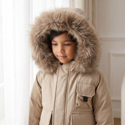 *SALE* Baby Boy Beige Bomber Jacket with Faux Fur Hood and Cargo Patch Pockets" 26013 "