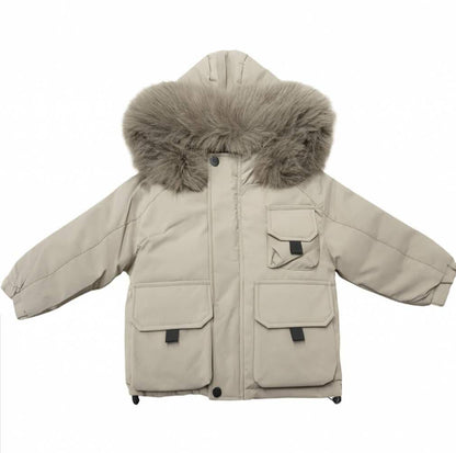 *SALE* Baby Boy Beige Bomber Jacket with Faux Fur Hood and Cargo Patch Pockets" 26013 "