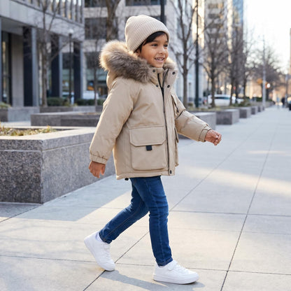 *SALE* Baby Boy Beige Bomber Jacket with Faux Fur Hood and Cargo Patch Pockets" 26013 "