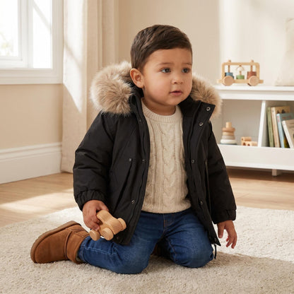 *SALE* Baby Boy Black Bomber Jacket with Faux Fur Hood " 26014 "