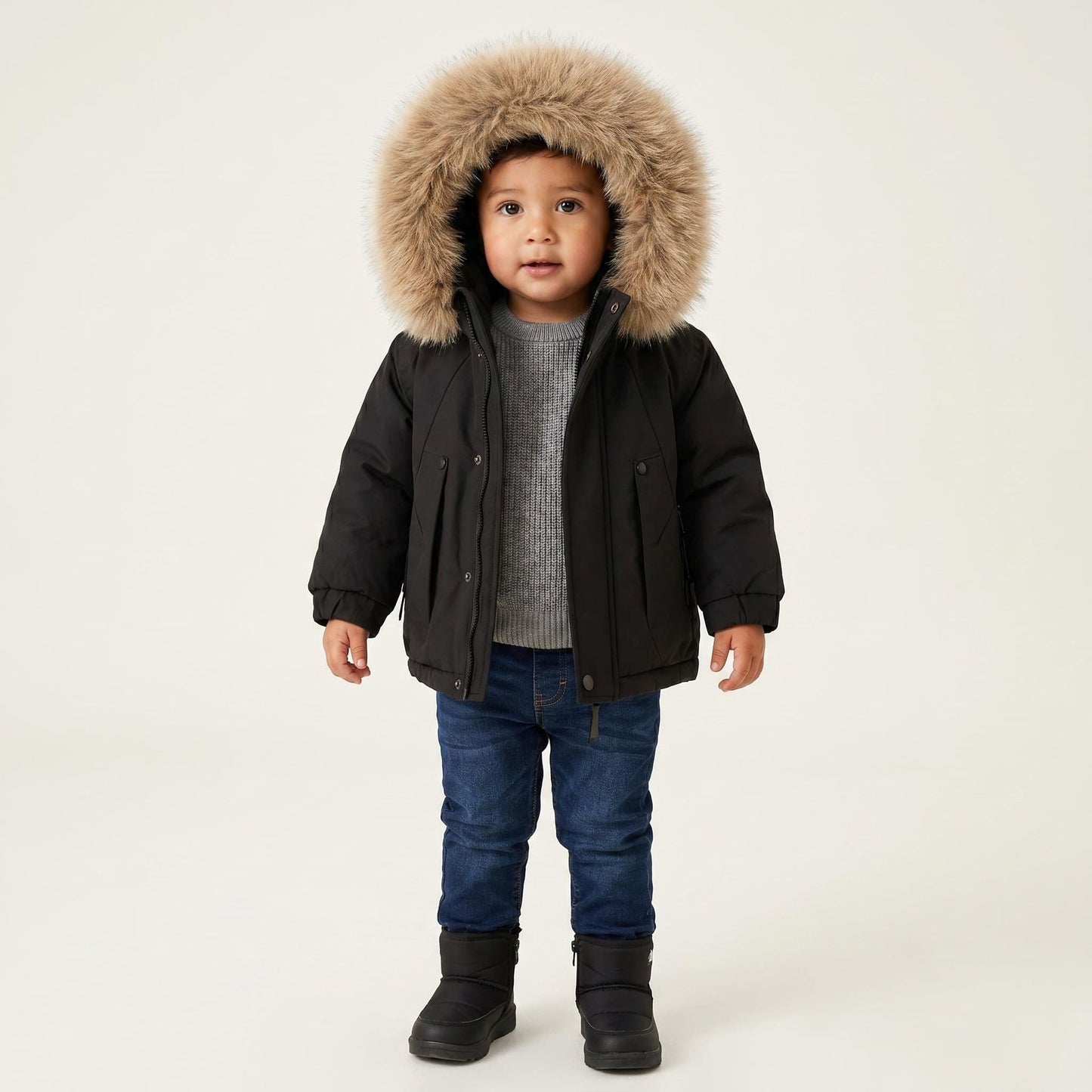 *SALE* Baby Boy Black Bomber Jacket with Faux Fur Hood " 26014 "
