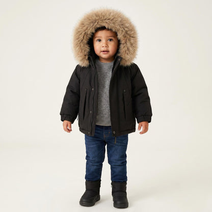 *SALE* Baby Boy Black Bomber Jacket with Faux Fur Hood " 26014 "