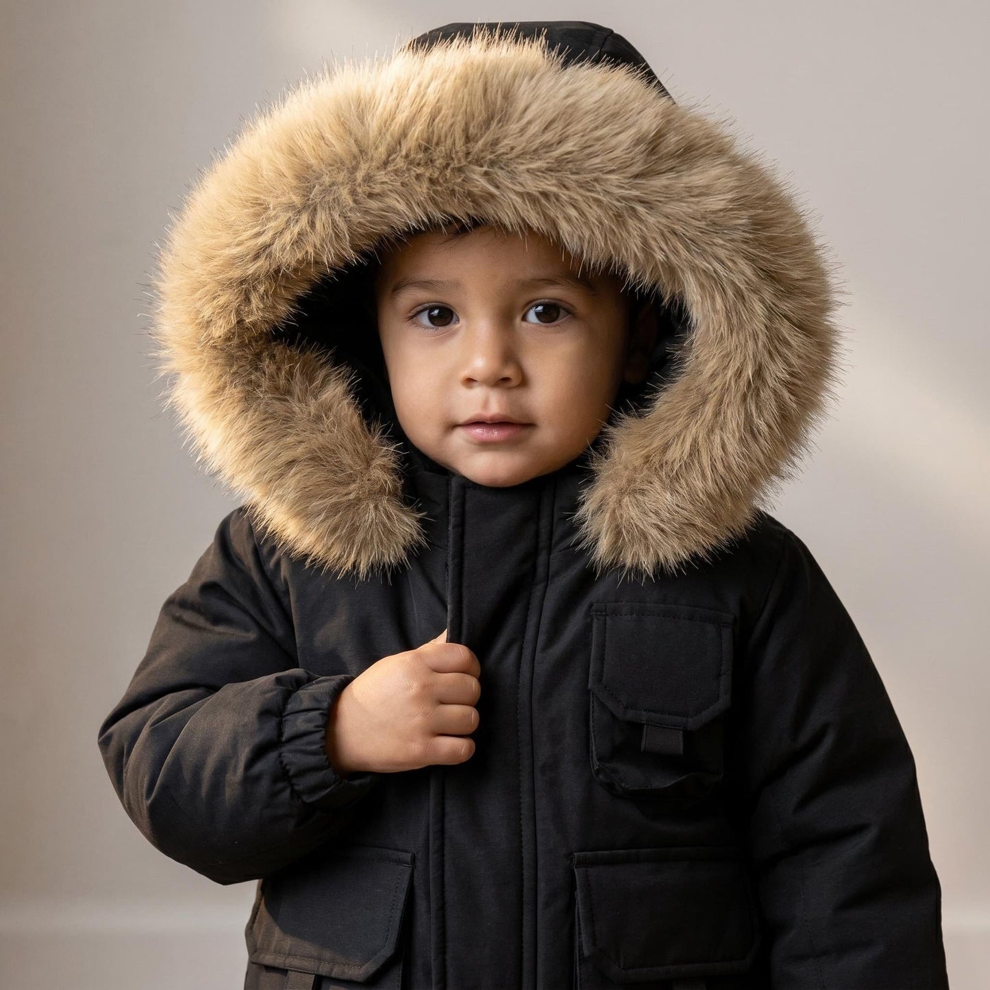 *SALE* Baby Boy Black Bomber Jacket with Faux Fur Hood and Cargo Patch Pockets" 26013 "