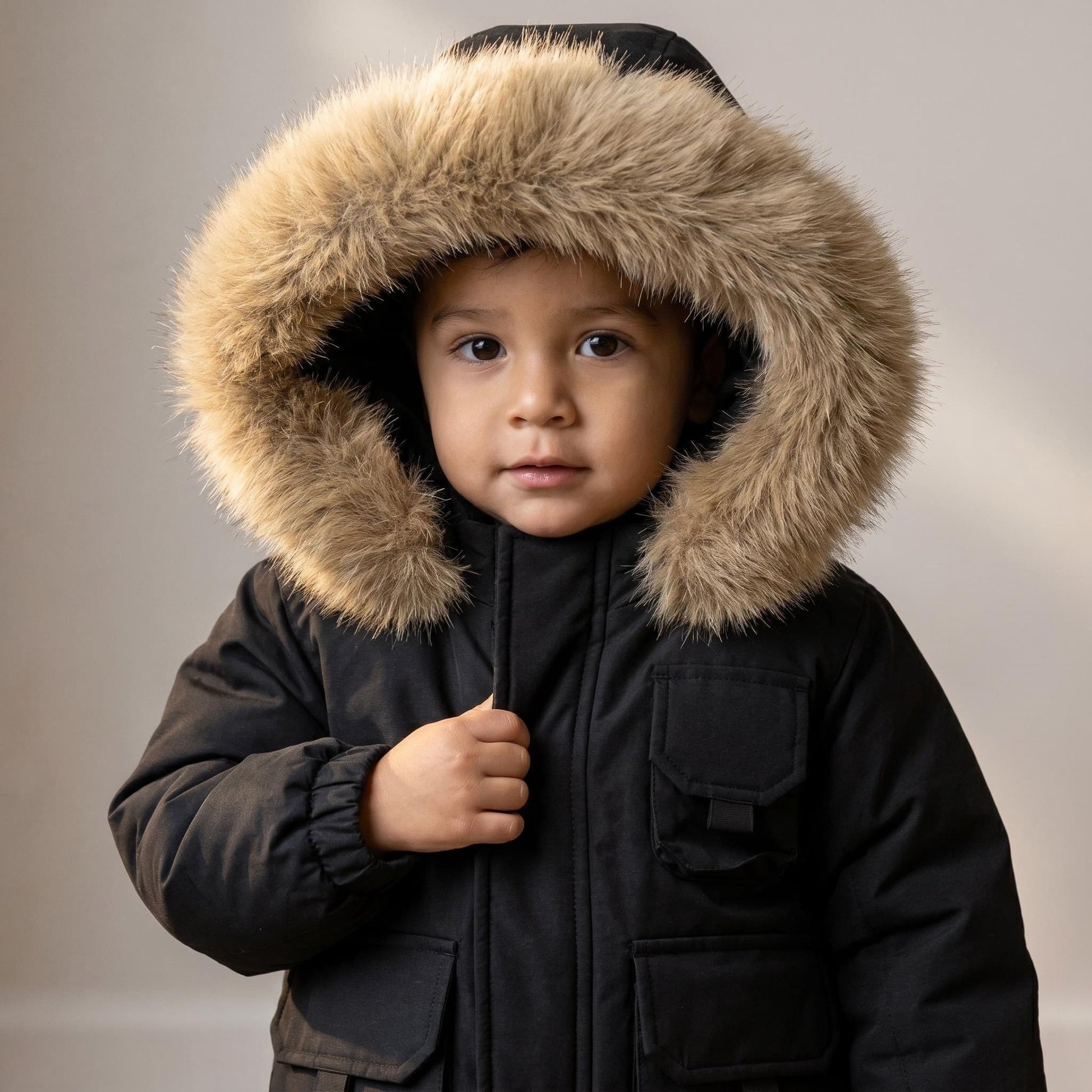 *SALE* Baby Boy Black Bomber Jacket with Faux Fur Hood and Cargo Patch Pockets" 26013 "