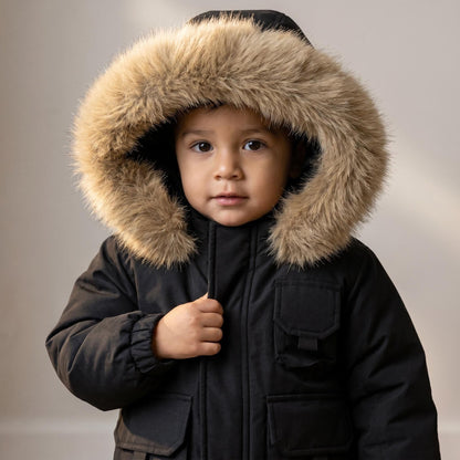 *SALE* Baby Boy Black Bomber Jacket with Faux Fur Hood and Cargo Patch Pockets" 26013 "