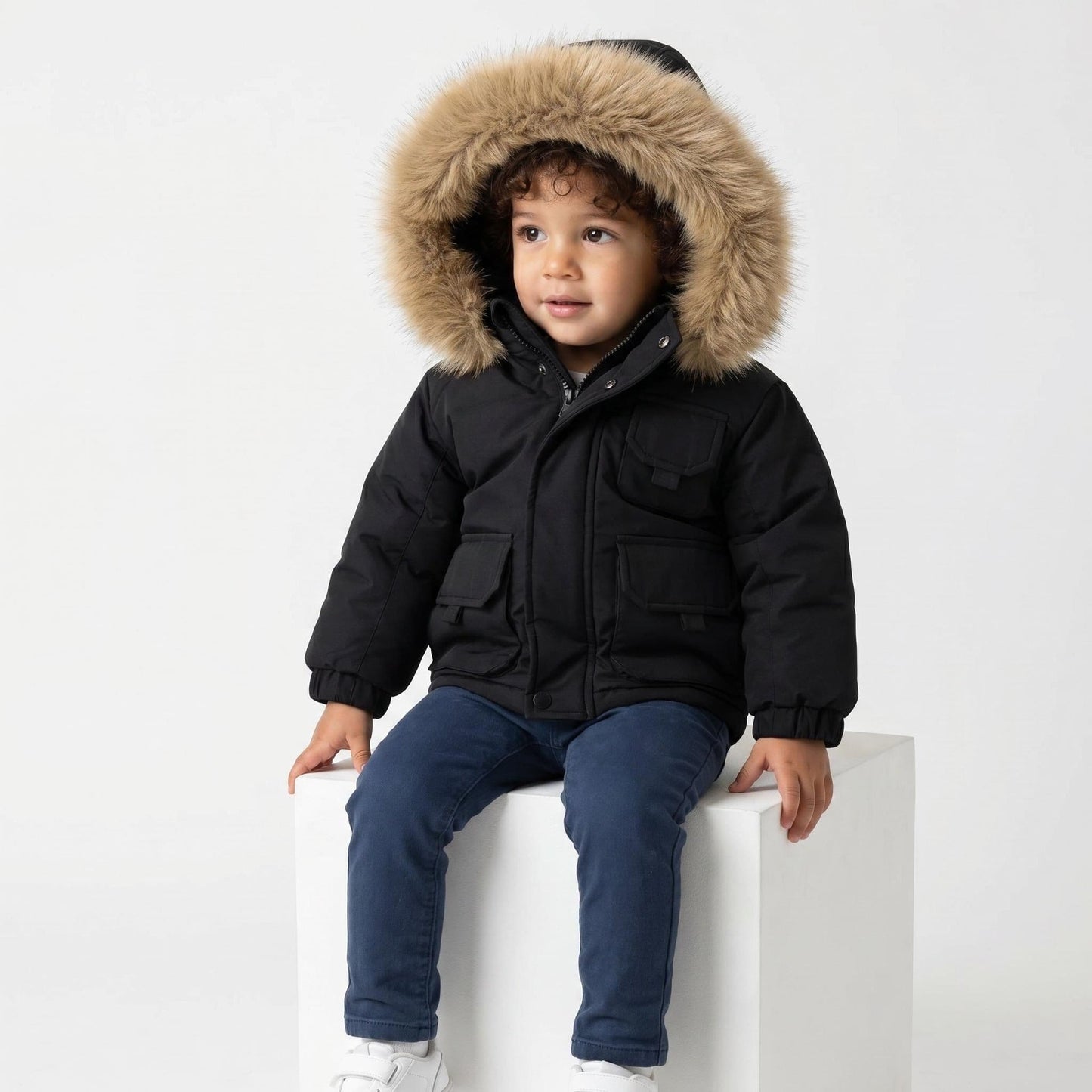 *SALE* Baby Boy Black Bomber Jacket with Faux Fur Hood and Cargo Patch Pockets" 26013 "