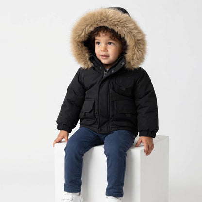 *SALE* Baby Boy Black Bomber Jacket with Faux Fur Hood and Cargo Patch Pockets" 26013 "