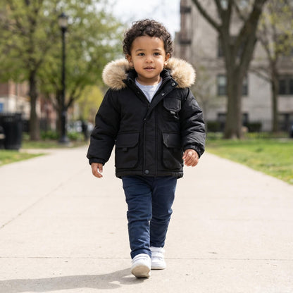 *SALE* Baby Boy Black Bomber Jacket with Faux Fur Hood and Cargo Patch Pockets" 26013 "