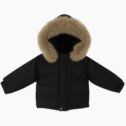 *SALE* Baby Boy Black Bomber Jacket with Faux Fur Hood and Cargo Patch Pockets" 26013 "