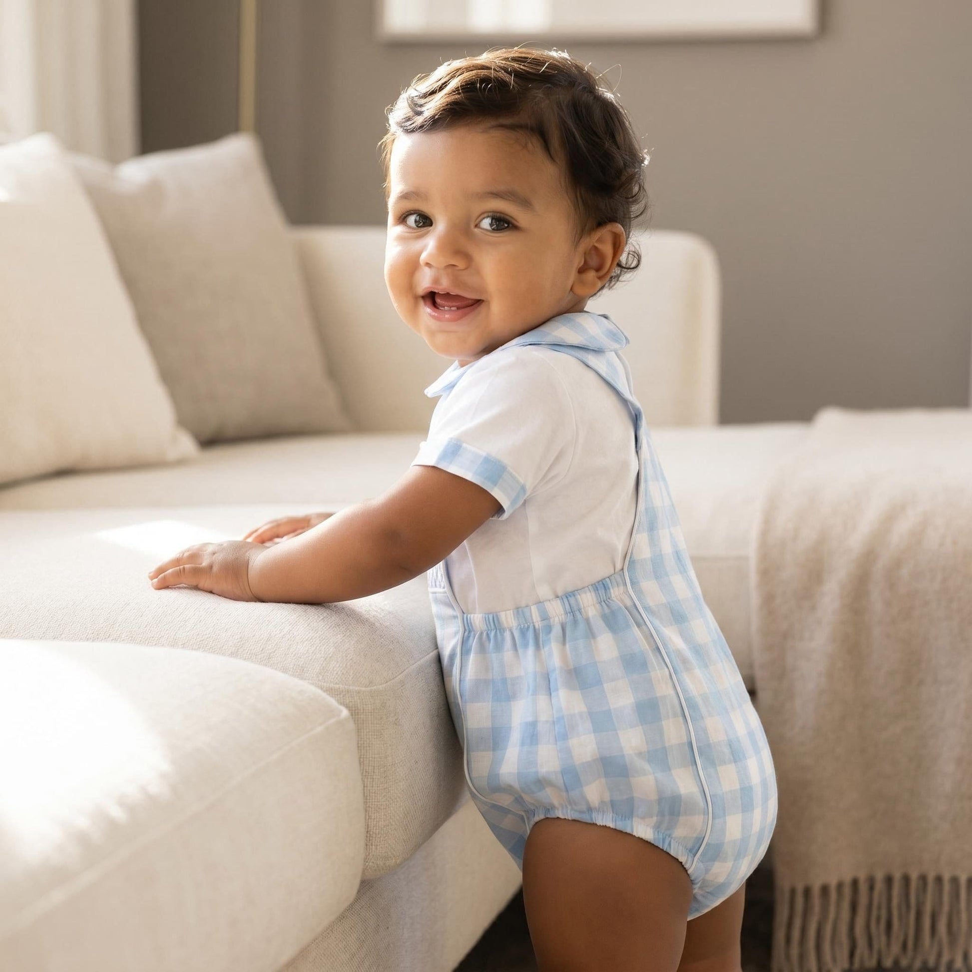 *SALE* Baby Boy Blue Check Smocked Romper with Top "MYD2449B"