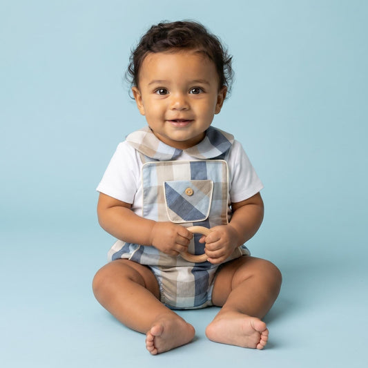 *SALE* Baby Boy Blue Checked Cotton Romper with Top "MYD2462B"
