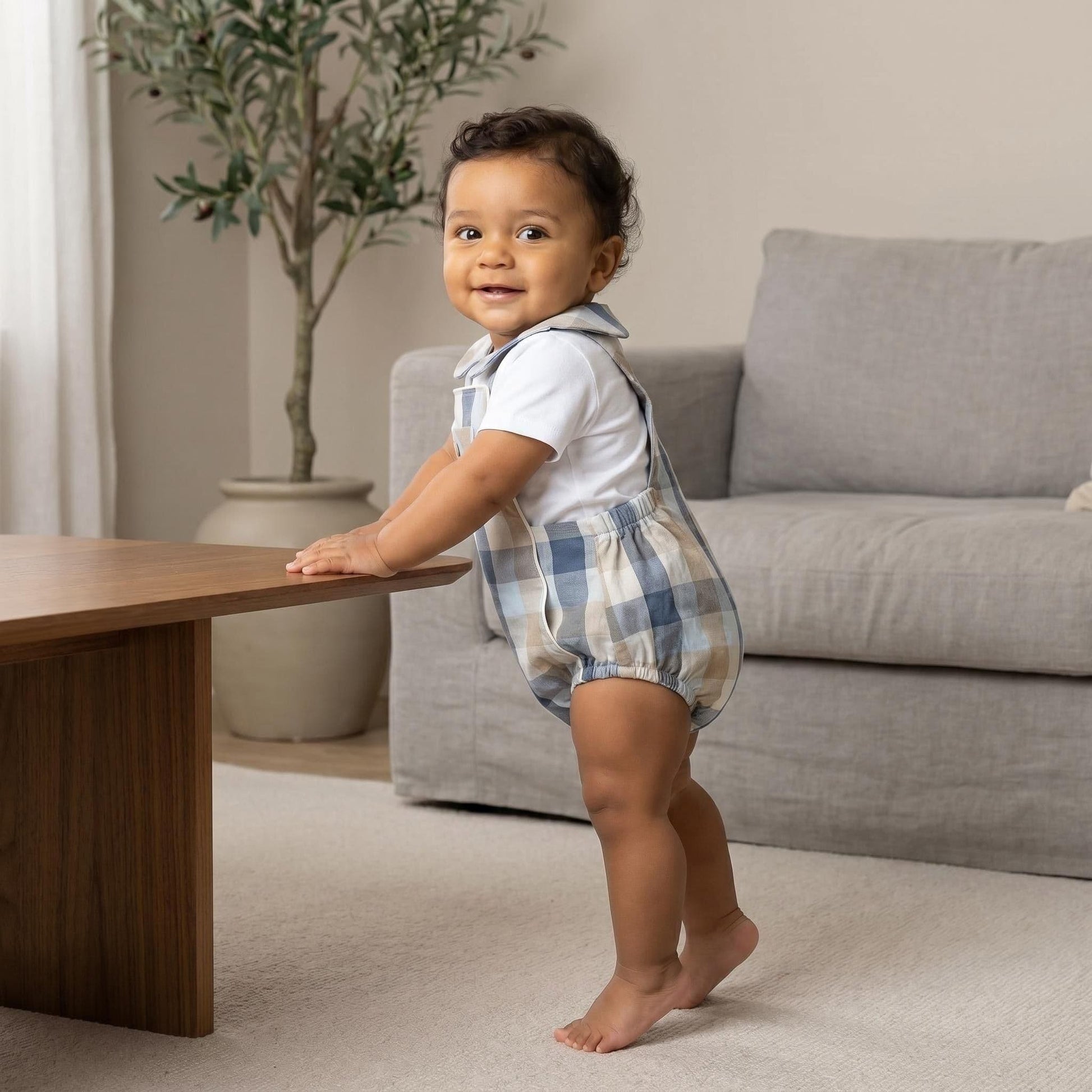 *SALE* Baby Boy Blue Checked Cotton Romper with Top "MYD2462B"