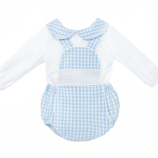 *SALE* Baby Boy Blue Gingham Smocked Romper with Shirt "MYDB2470B"