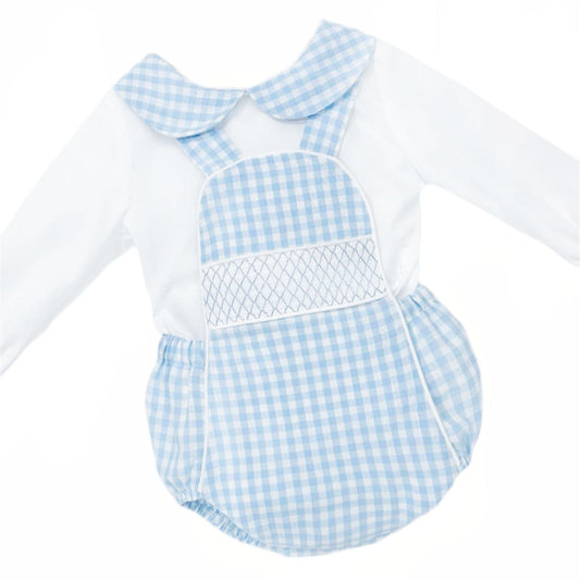 *SALE* Baby Boy Blue Gingham Smocked Romper with Shirt "MYDB2470B"