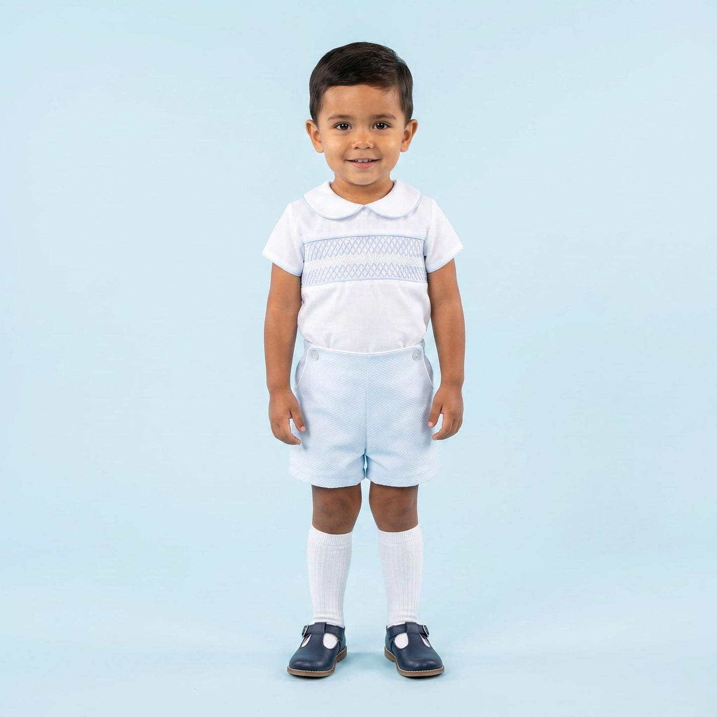 *SALE* Baby Boy Blue Shorts with Smocked Shirt "MYD2336"