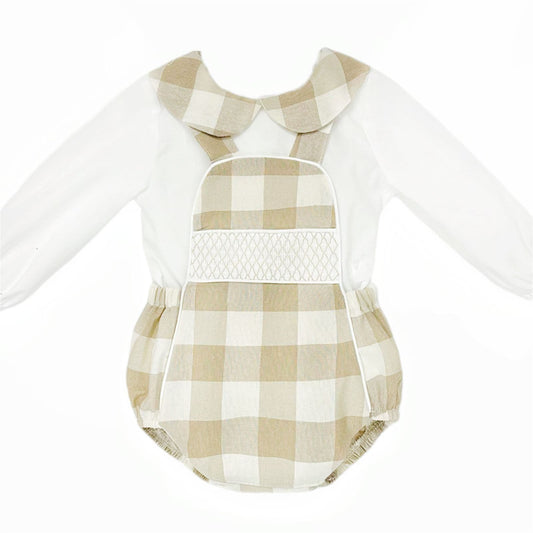 *SALE* Baby Boy Camel Checked Smocked Romper with Shirt "MYDB2469C"