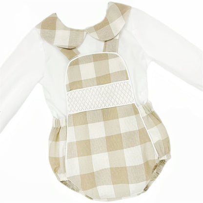 *SALE* Baby Boy Camel Checked Smocked Romper with Shirt "MYDB2469C"