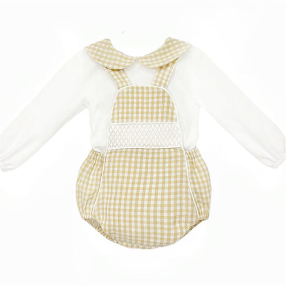 *SALE* Baby Boy Camel Gingham Smocked Romper with Shirt "MYDB2470C"