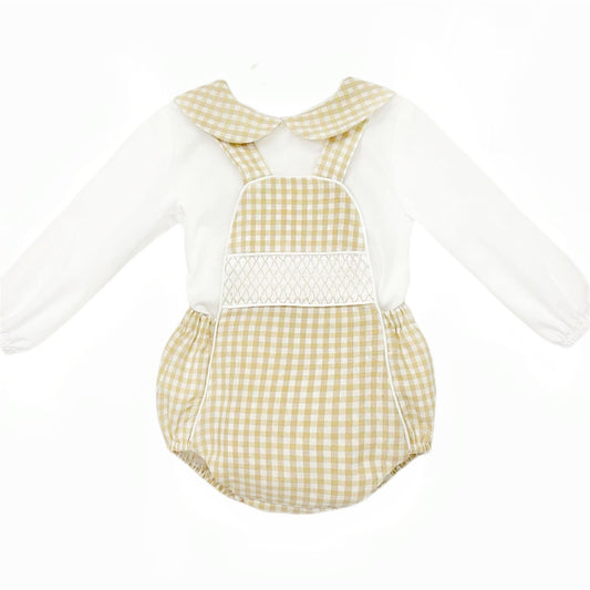 *SALE* Baby Boy Camel Gingham Smocked Romper with Shirt "MYDB2470C"