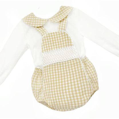 *SALE* Baby Boy Camel Gingham Smocked Romper with Shirt "MYDB2470C"