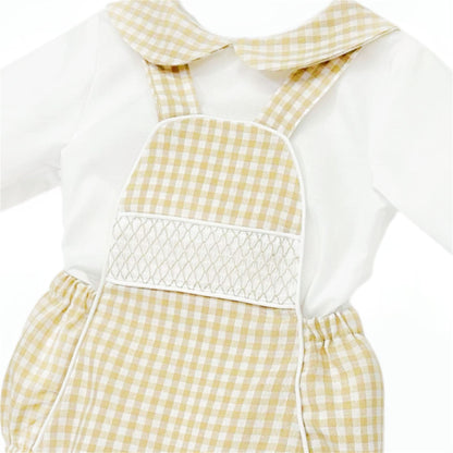 *SALE* Baby Boy Camel Gingham Smocked Romper with Shirt "MYDB2470C"